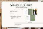 Wedding vows keepsake template inclusion guide showing white and sage green designs, a wedding photo layout and printable 5×7, 8×10 and A4 sizes for personalised wedding wall art.