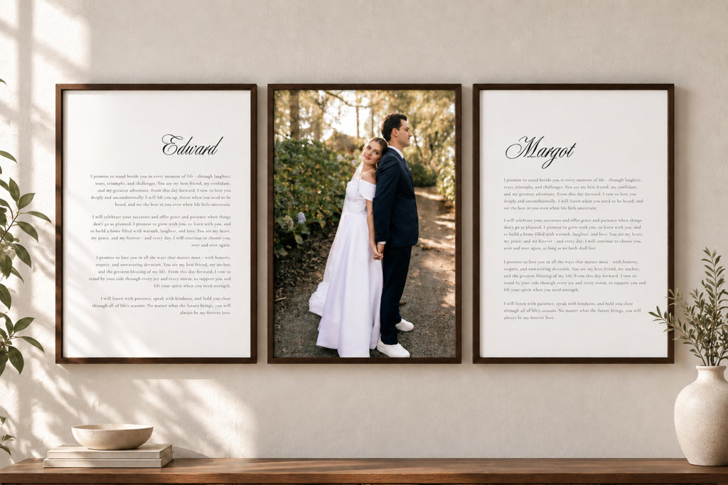 Personalised wedding vows keepsake prints displayed beside a wedding portrait in matching frames, featuring elegant script names and black text on white for romantic newlywed home décor.