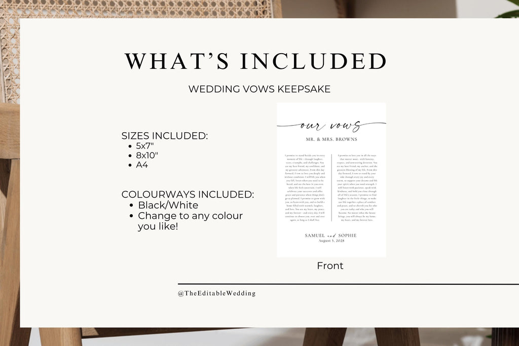 What’s included page for wedding vows printable – shows editable Canva vow template sizes and details for our vows wall art digital download.