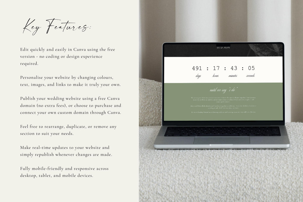 Sage green editable wedding website key features displayed beside a laptop preview showing a wedding countdown timer and personalised couple introduction.