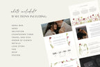 Wedding website template preview showing multiple pages and sections, including wedding details, schedule, travel information, RSVP and guest information in a soft botanical style.
