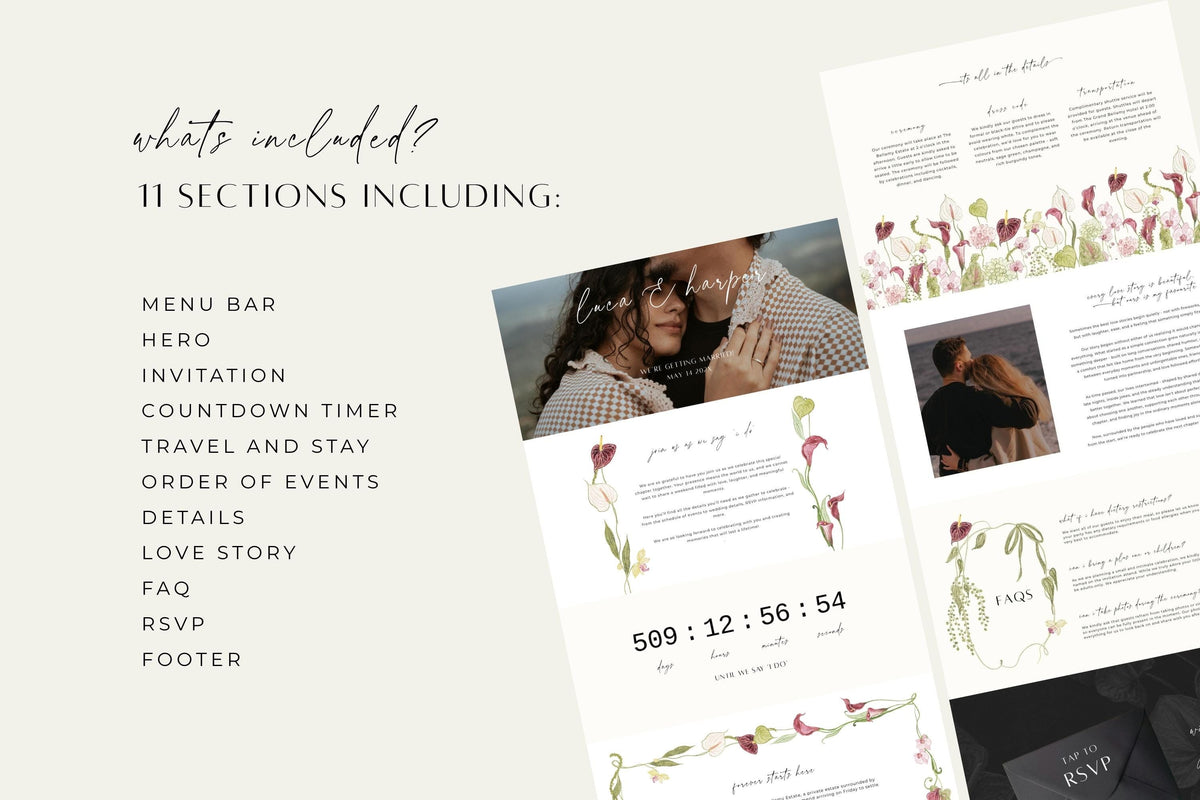 Wedding website template preview showing multiple pages and sections, including wedding details, schedule, travel information, RSVP and guest information in a soft botanical style.