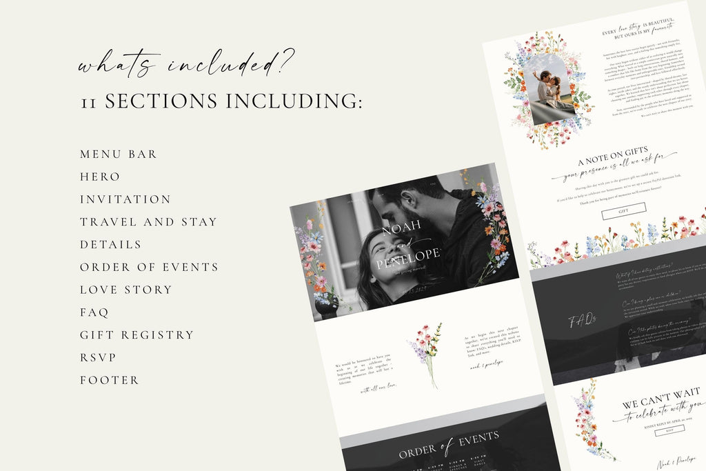 Editable wildflower wedding website template Canva, floral wedding website template, personalized wedding website design, digital wedding website, RSVP wedding website, romantic wildflower wedding website, modern wedding website template, wedding landing page template