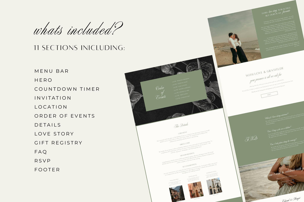 Sage green Canva wedding website template overview showing included sections for wedding details, countdown, location, love story, gift registry, FAQs and RSVP.