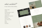Sage green Canva wedding website template overview showing included sections for wedding details, countdown, location, love story, gift registry, FAQs and RSVP.