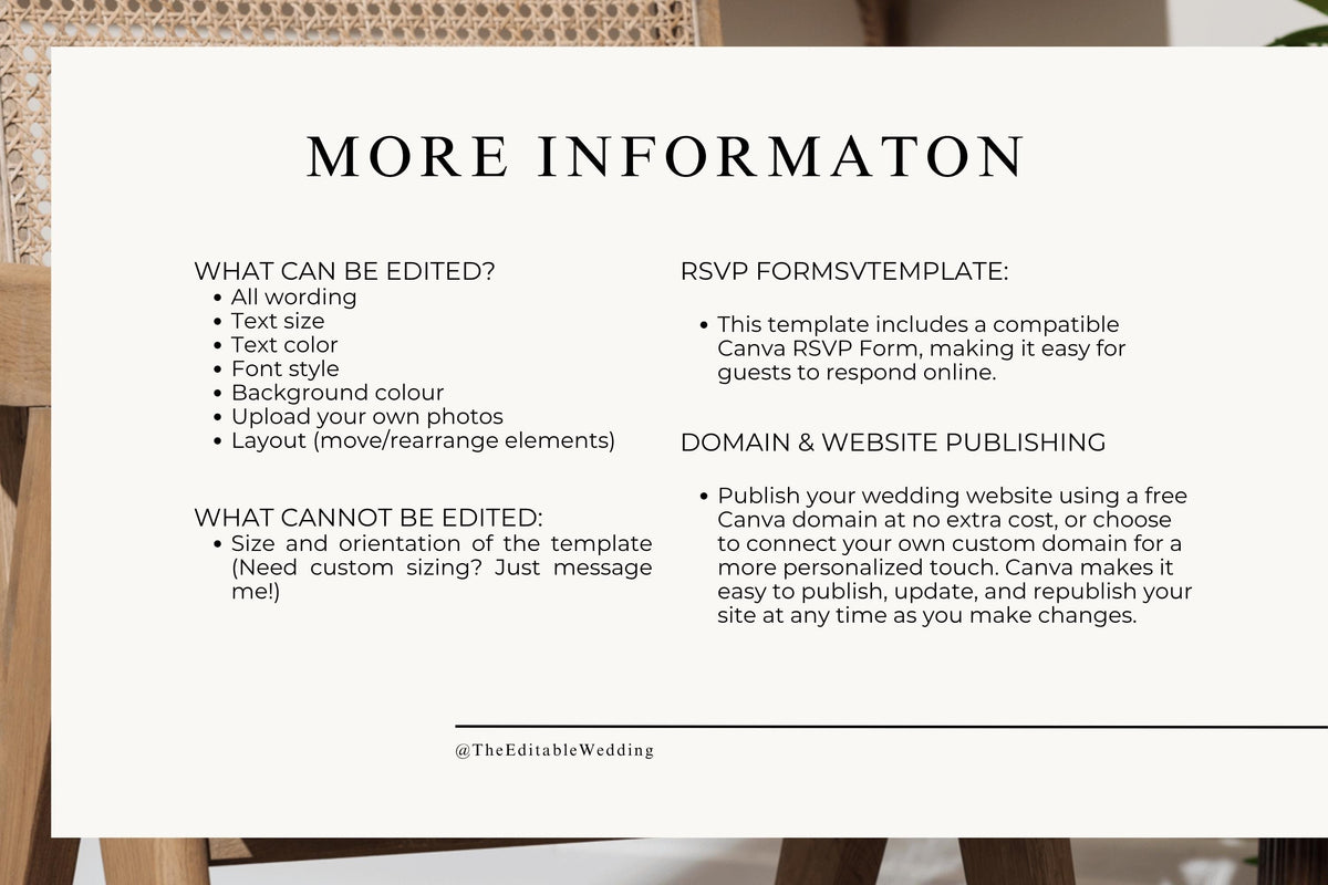 Wedding website template information page explaining what can be edited, RSVP Google Forms integration and domain hosting options for Canva wedding website
