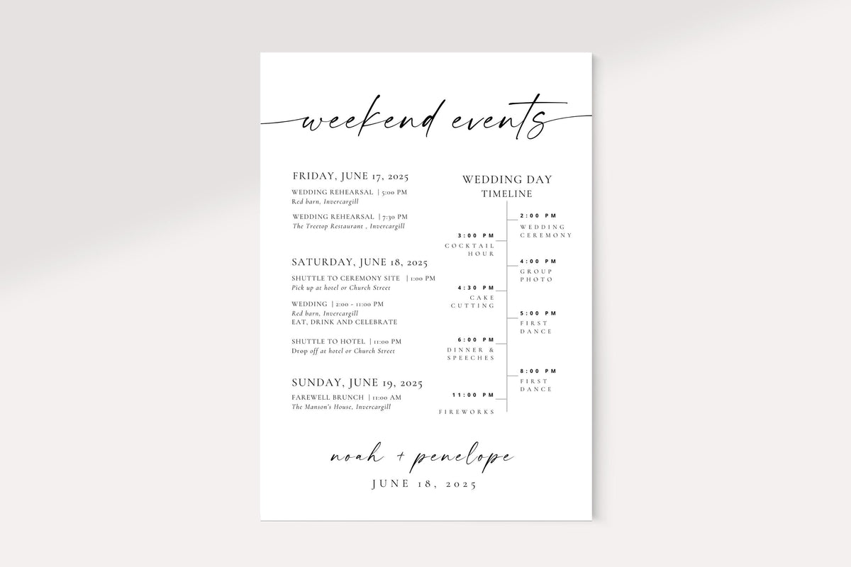 Floral wedding weekend itinerary card, editable Canva template with wildflowers, printable order of events timeline for weddings.