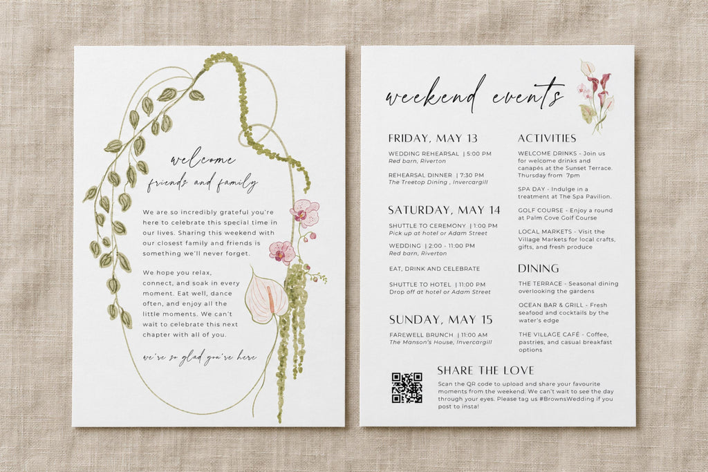 Floral wedding weekend itinerary cards showing a botanical invitation design and a matching schedule of wedding events.