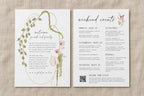 Floral wedding weekend itinerary cards showing a botanical invitation design and a matching schedule of wedding events.
