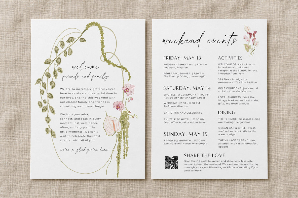 Floral wedding weekend itinerary cards showing a botanical invitation design and a matching schedule of wedding events.