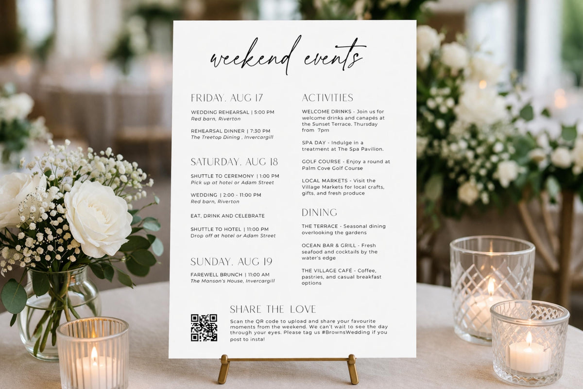 Editable wedding weekend itinerary template, wedding timeline sign Canva template, wedding schedule board, destination wedding itinerary sign, printable wedding events schedule