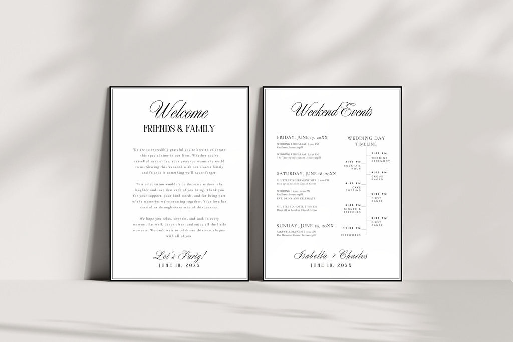 Wedding weekend itinerary template editable in Canva, welcome itinerary and wedding schedule printable, minimalist wedding timeline sign