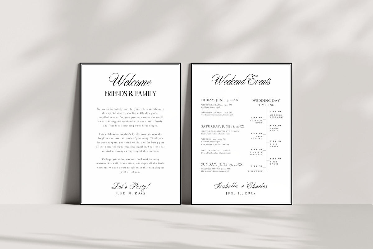 Wedding weekend itinerary template editable in Canva, welcome itinerary and wedding schedule printable, minimalist wedding timeline sign