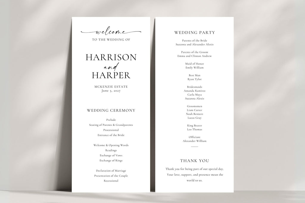 Folded wedding program template shown standing, minimalist wedding program Canva template with modern serif typography for elegant ceremonies