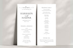 Folded wedding program template shown standing, minimalist wedding program Canva template with modern serif typography for elegant ceremonies