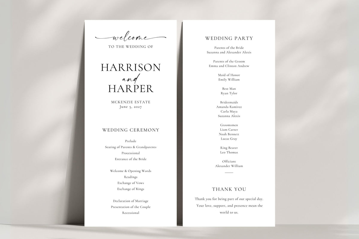 Folded wedding program template shown standing, minimalist wedding program Canva template with modern serif typography for elegant ceremonies