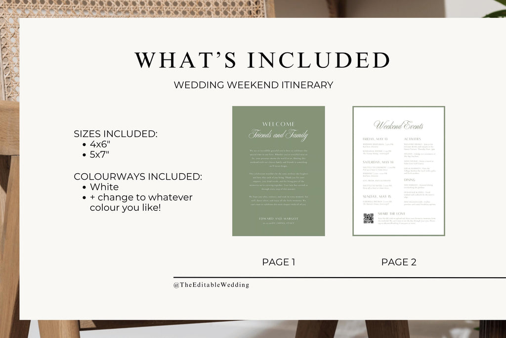 1. Wedding welcome letter template contents guide showing two coordinating sage green and ivory pages, available sizes and customisable colours for a matching wedding weekend stationery set.