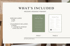 1. Wedding welcome letter template contents guide showing two coordinating sage green and ivory pages, available sizes and customisable colours for a matching wedding weekend stationery set.