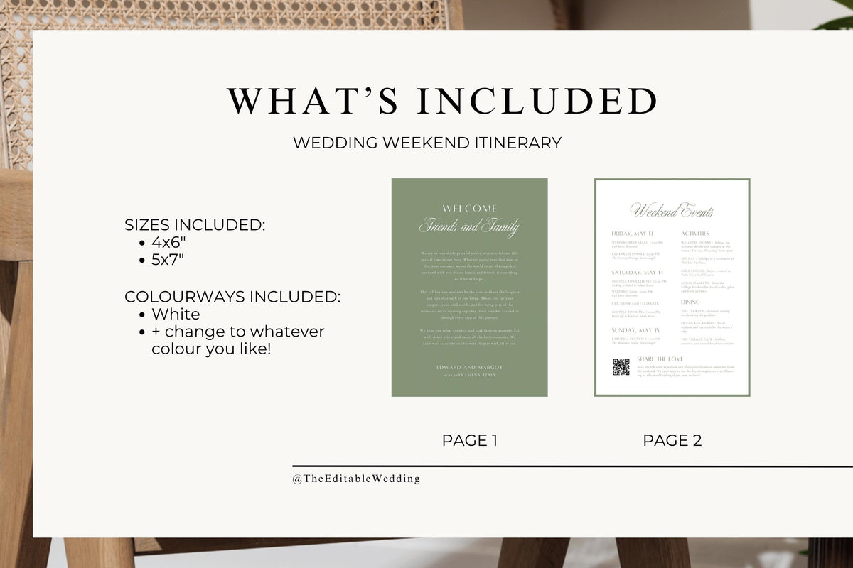 1. Wedding welcome letter template contents guide showing two coordinating sage green and ivory pages, available sizes and customisable colours for a matching wedding weekend stationery set.