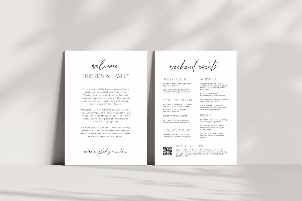 Minimalist wedding itinerary card set mockup, editable Canva wedding timeline template, modern black and white wedding schedule card, 5x7 printable wedding stationery bundle
