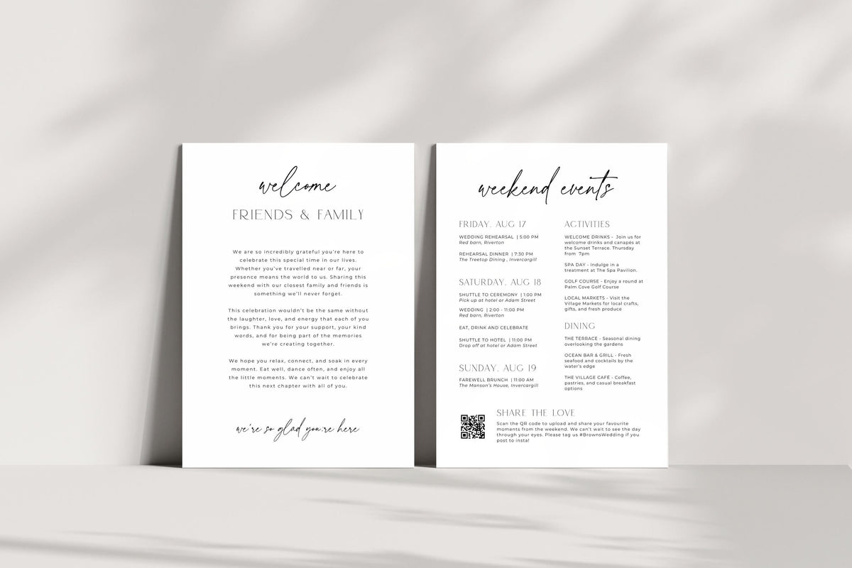 Minimalist wedding itinerary card set mockup, editable Canva wedding timeline template, modern black and white wedding schedule card, 5x7 printable wedding stationery bundle