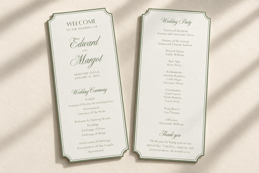 Elegant sage green wedding ceremony programs with decorative shaped edges, ivory backgrounds and fine green borders, showing a welcome cover and wedding day schedule in a naturally lit stationery flat lay.