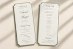 Elegant sage green wedding ceremony programs with decorative shaped edges, ivory backgrounds and fine green borders, showing a welcome cover and wedding day schedule in a naturally lit stationery flat lay.