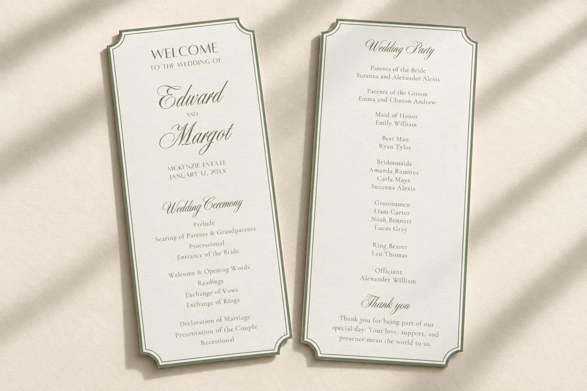 Elegant sage green wedding ceremony programs with decorative shaped edges, ivory backgrounds and fine green borders, showing a welcome cover and wedding day schedule in a naturally lit stationery flat lay.