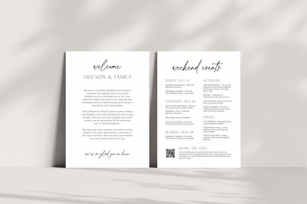 Wedding weekend itinerary card template editable in Canva, minimalist wedding schedule card, modern destination wedding information card printable