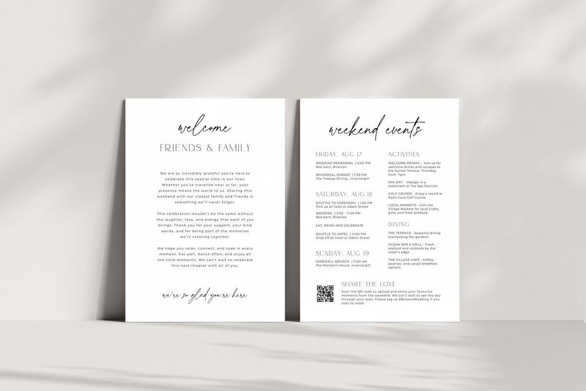 Wedding weekend itinerary card template editable in Canva, minimalist wedding schedule card, modern destination wedding information card printable