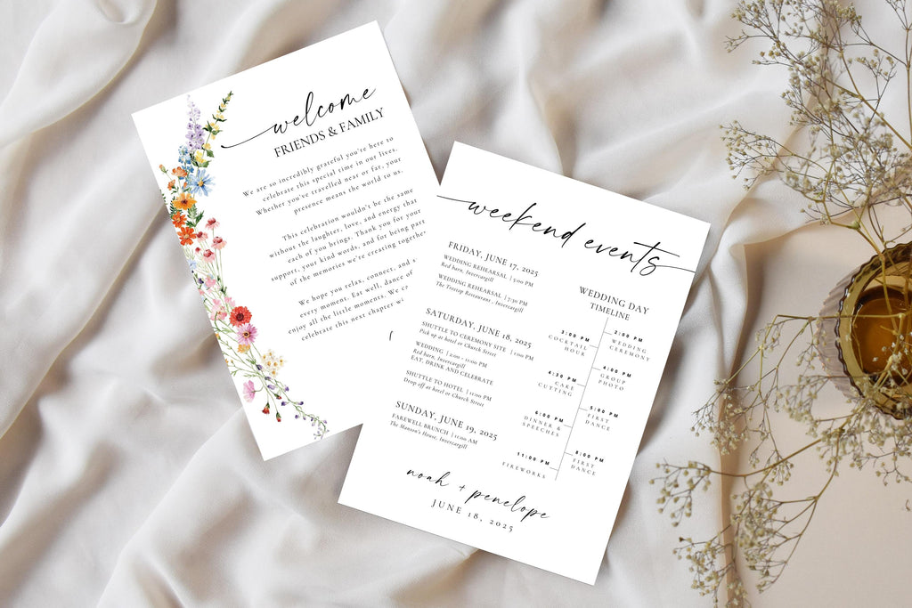 Editable wedding weekend itinerary with floral design, printable schedule of events and welcome bag insert for rustic and garden weddings
