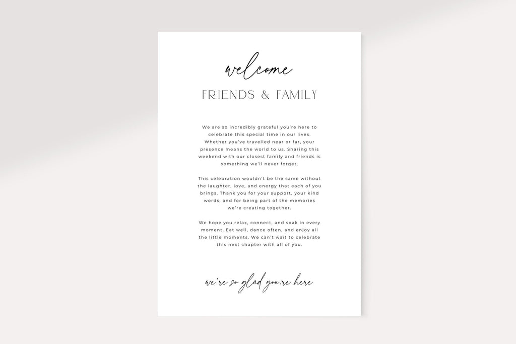 Minimalist wedding welcome sign printable, elegant black and white wedding welcome letter template, modern Canva editable wedding signage 5x7 card