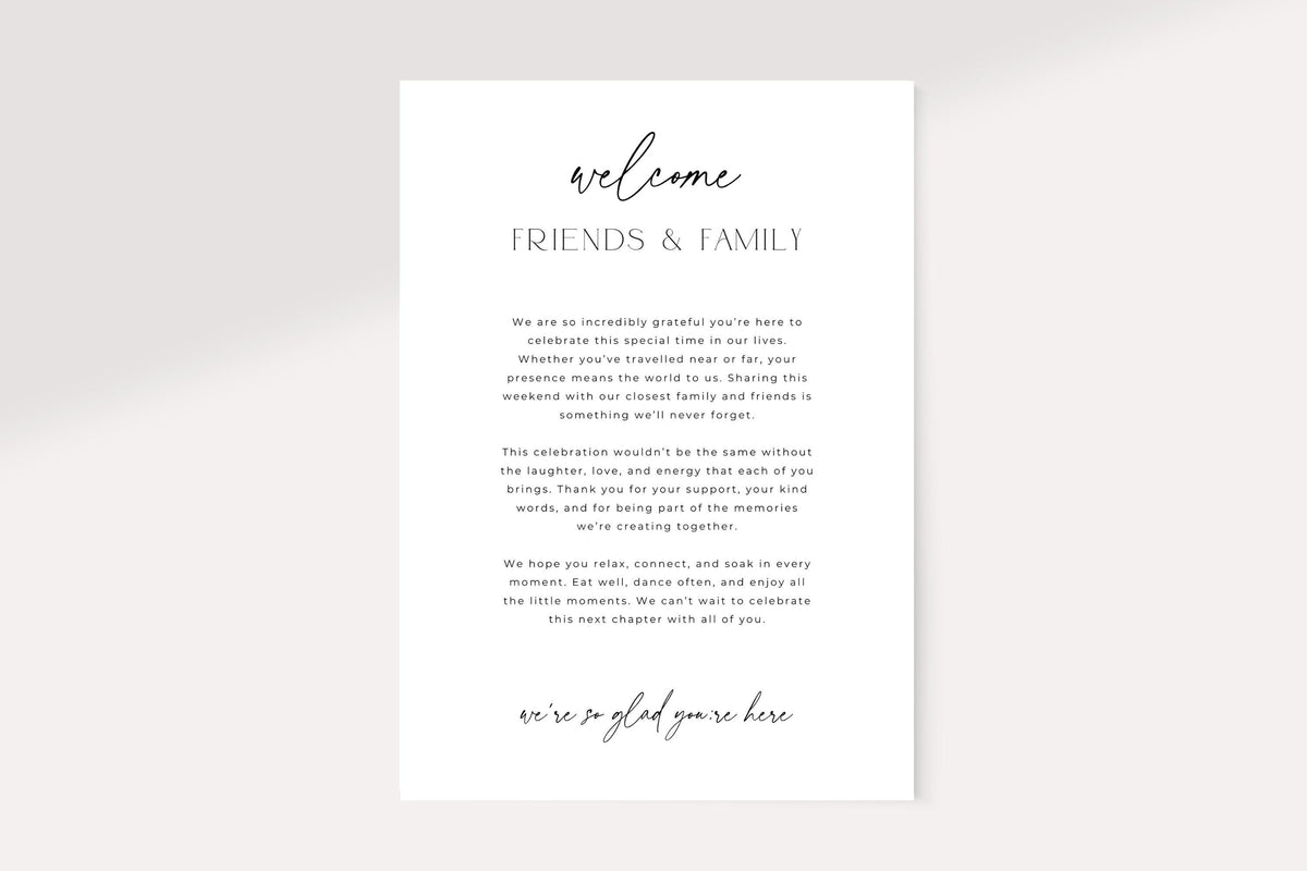 Minimalist wedding welcome sign printable, elegant black and white wedding welcome letter template, modern Canva editable wedding signage 5x7 card