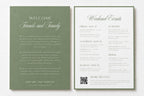 Two-page sage green wedding welcome bag insert featuring a friends and family welcome letter and wedding weekend itinerary with QR code, shown side by side on a simple white background.