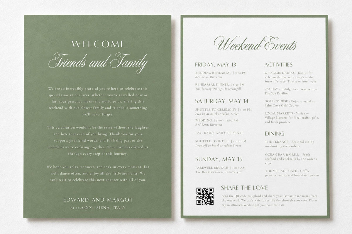 Two-page sage green wedding welcome bag insert featuring a friends and family welcome letter and wedding weekend itinerary with QR code, shown side by side on a simple white background.