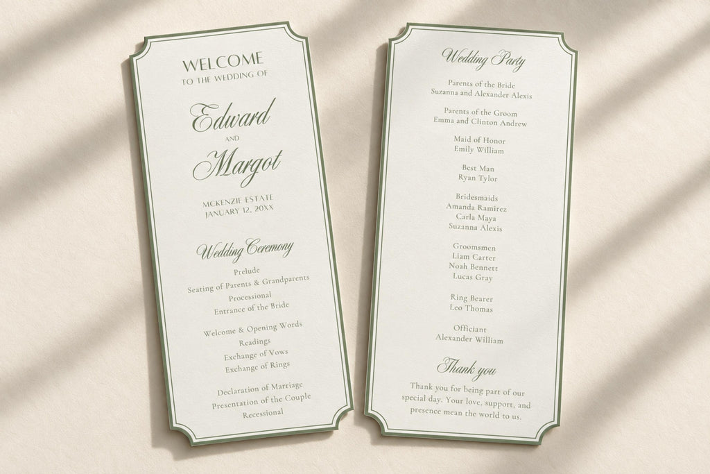 Matching sage green wedding ceremony program and reception menu templates with decorative borders and romantic script lettering, styled together on ivory fabric in natural sunlight.