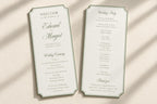 Matching sage green wedding ceremony program and reception menu templates with decorative borders and romantic script lettering, styled together on ivory fabric in natural sunlight.