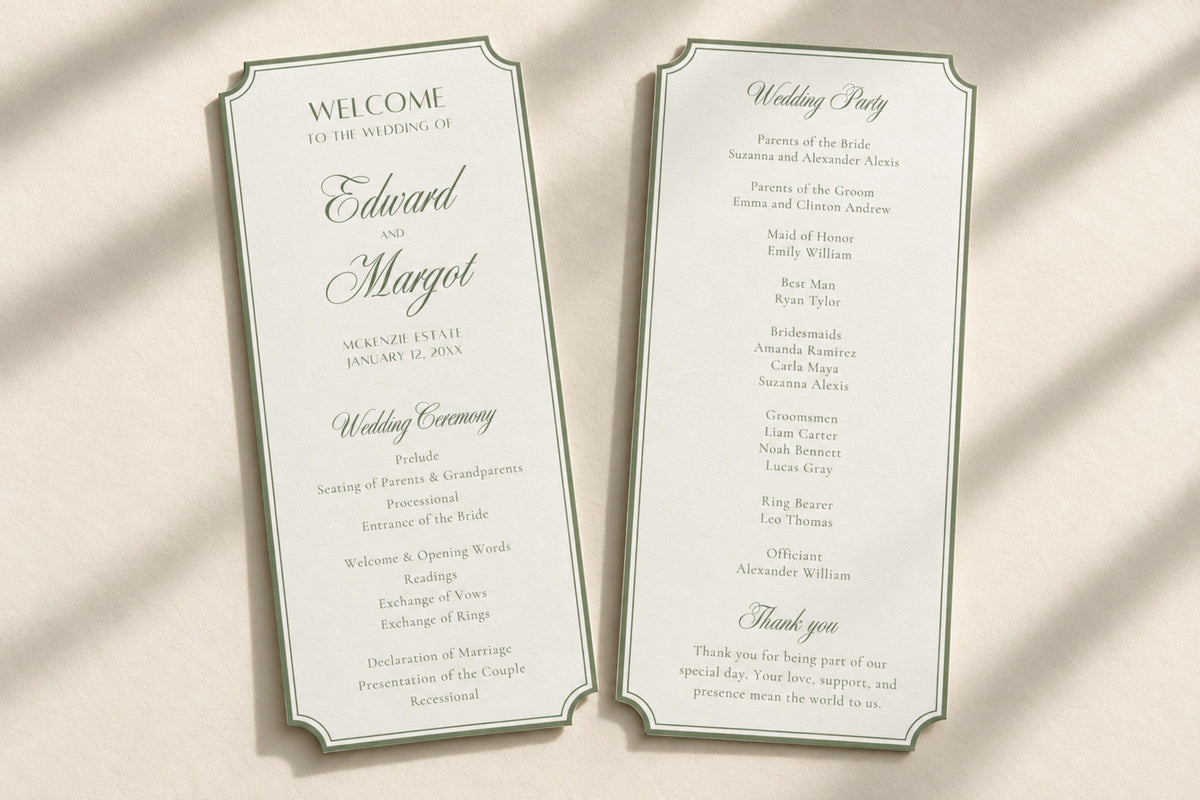 Matching sage green wedding ceremony program and reception menu templates with decorative borders and romantic script lettering, styled together on ivory fabric in natural sunlight.