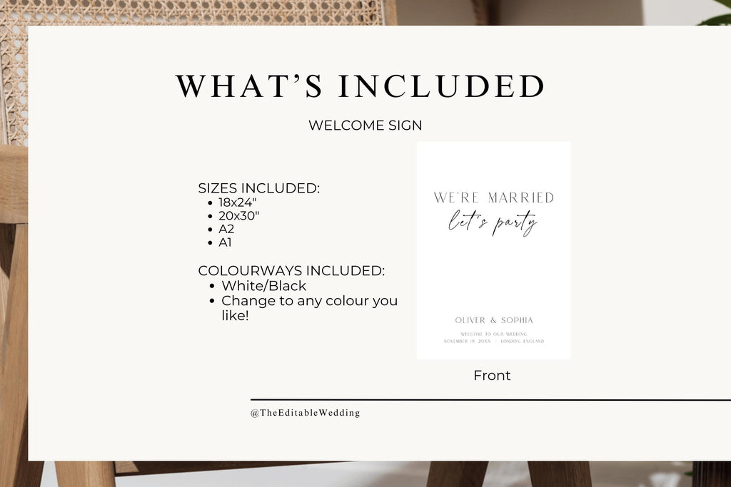 Wedding welcome sign template bundle details image, editable Canva wedding signage package, modern minimalist wedding sign collection, luxury printable wedding decor bundle, elegant wedding template inclusions listing image