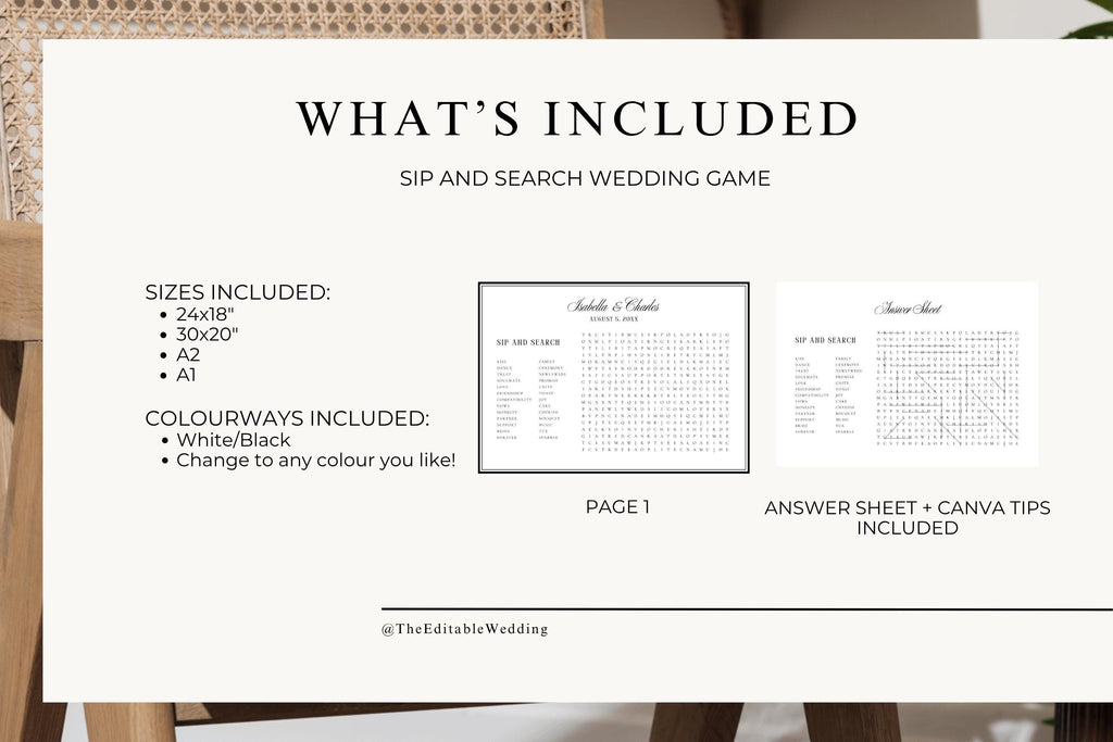 Wedding Word Search Template Bundle, Editable Canva Wedding Game Sign, Sip and Search Wedding Activity, Printable Wedding Reception Poster, Instant Download Template