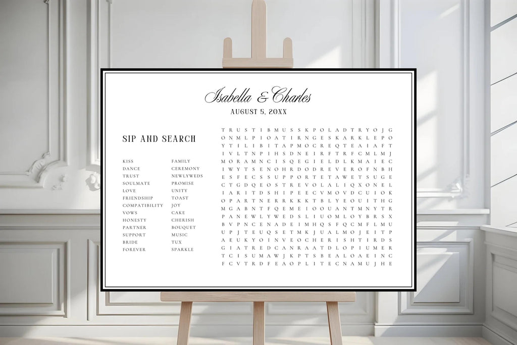Wedding Word Search Printable Sign, Sip and Search Wedding Reception Game, Editable Canva Wedding Activity Poster, Minimalist Black and White Wedding Sign, Instant Download