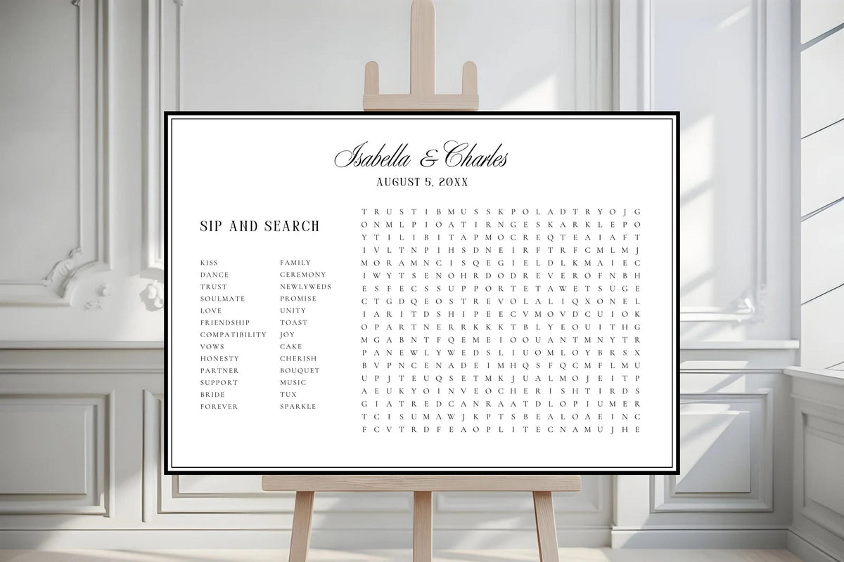 Wedding Word Search Printable Sign, Sip and Search Wedding Reception Game, Editable Canva Wedding Activity Poster, Minimalist Black and White Wedding Sign, Instant Download