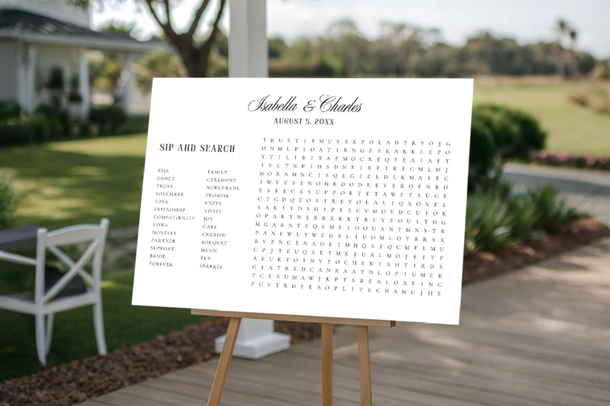 Outdoor Wedding Word Search Sign Template, Printable Sip and Search Wedding Game, Wedding Reception Activity Poster, Editable Minimalist Wedding Decor, Canva Template