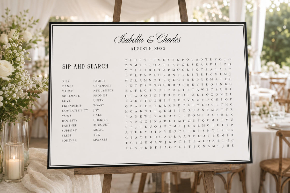 Wedding Word Search Sign Printable, Sip and Search Wedding Game Sign, A1 Wedding Reception Activity Poster, Editable Canva Wedding Word Search Template, Modern Minimalist Wedding Sign