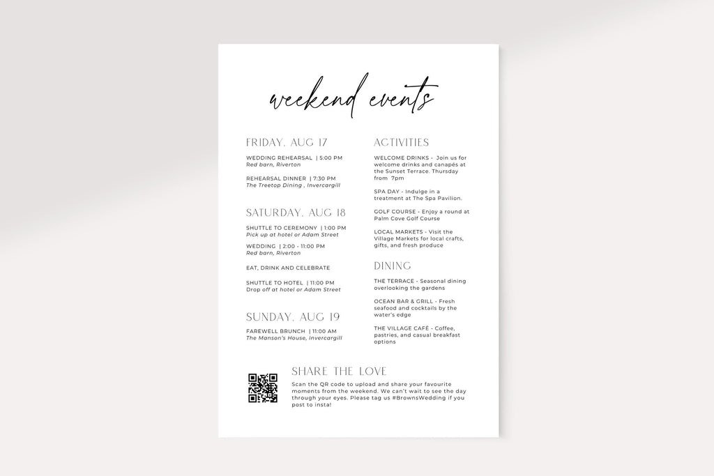 Editable wedding itinerary card with QR code, minimalist wedding weekend timeline template, modern black and white wedding schedule printable Canva 5x7