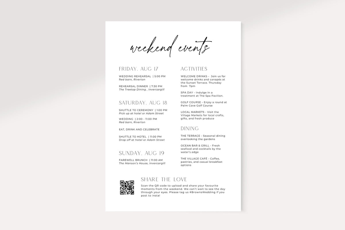 Editable wedding itinerary card with QR code, minimalist wedding weekend timeline template, modern black and white wedding schedule printable Canva 5x7