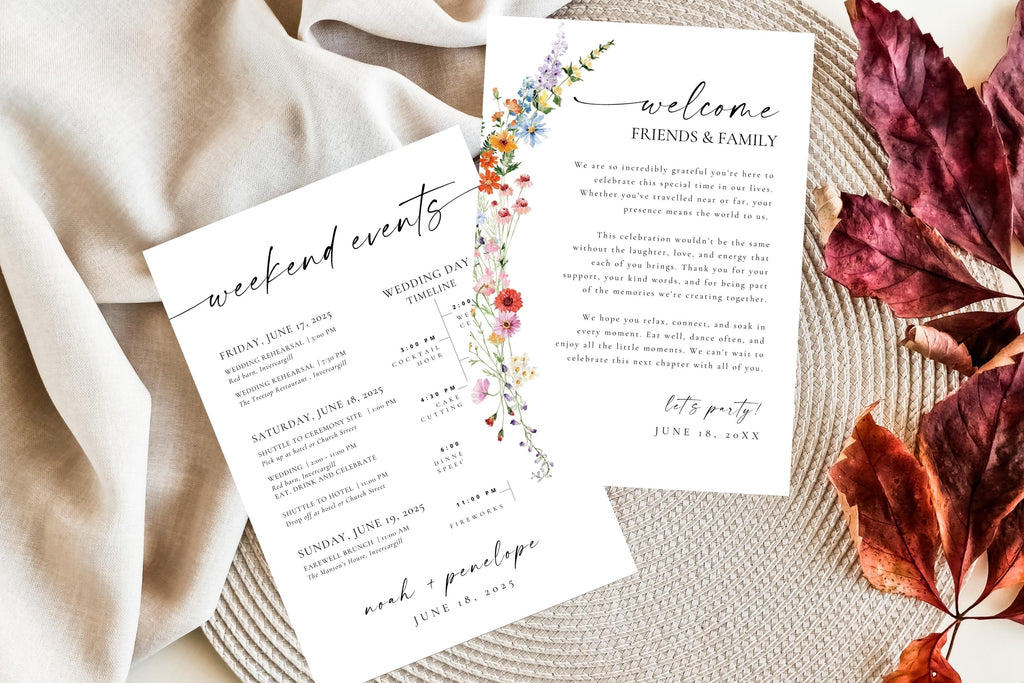 Rustic wildflower wedding itinerary template with welcome letter and weekend schedule, printable Canva design for boho weddings