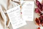 Rustic wildflower wedding itinerary template with welcome letter and weekend schedule, printable Canva design for boho weddings