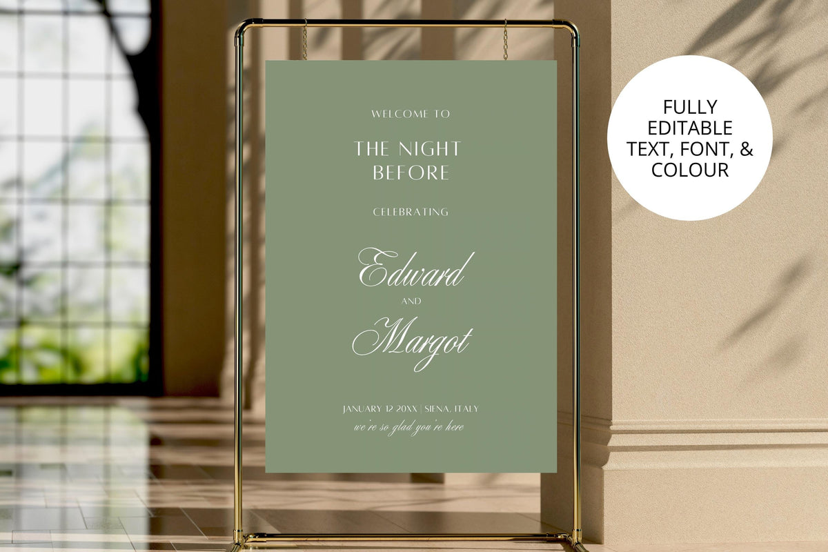 Editable sage green rehearsal dinner welcome sign displayed on a gold stand in an elegant venue. Personalised “The Night Before” wedding sign template with fully editable text, fonts and colours.