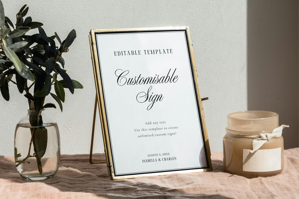 Modern editable wedding sign template in gold frame, printable wedding welcome sign, minimalist Canva wedding signage template, editable wedding decor download